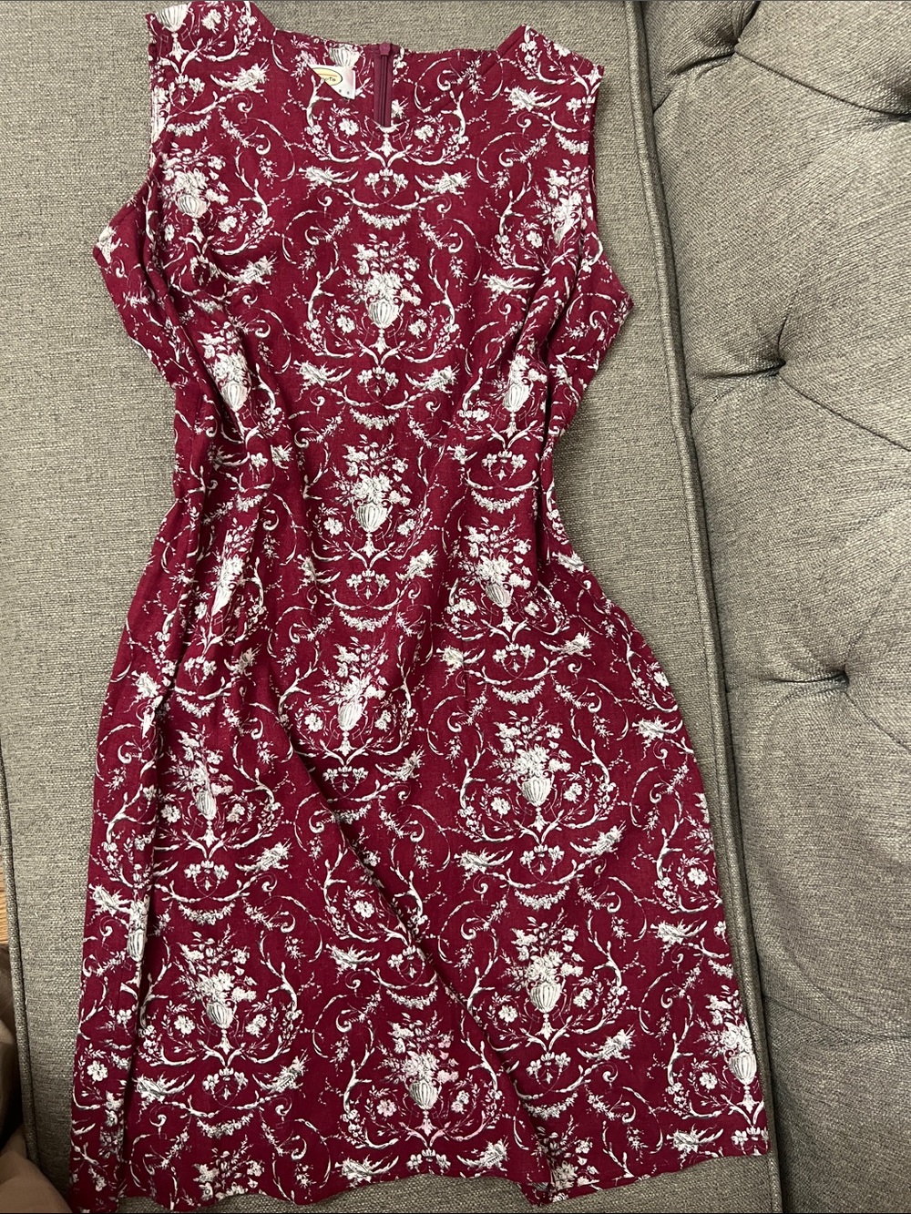 Talbots Petites 8 Linen Blend Burgundy Toile Floral Midi Sheath Dress